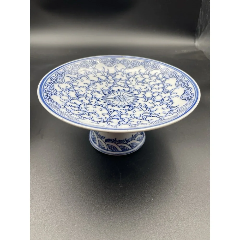 Blue White Porcelain Pedestal‎ Dish Tazza Compote Crab Motif Unmarked